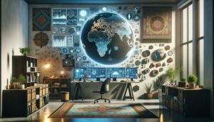 Oficina moderna resaltando el intraemprendimiento con diversas herramientas de colaboración y elementos culturales internacionales, en un ambiente sereno y tecnológico.