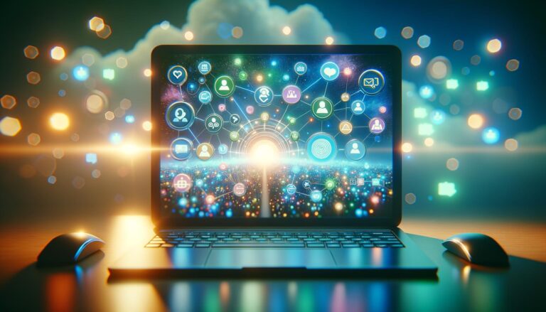 Computadora portátil iluminada con una pantalla que muestra herramientas de comunicación virtual, rodeada de un fondo suave, encapsulando la esencia del trabajo remoto y el proceso de onboarding digital.
