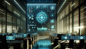 Interfaz de software de análisis avanzado en una oficina de reclutamiento, mostrando datos visualizados en una pantalla grande con un ambiente futurista y colores azul y verde predominantes.