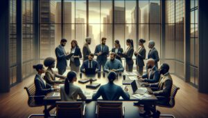 Grupo diverso de trabajadores de oficina colaborando en una mesa de conferencia en un entorno moderno con luz natural, simbolizando la diversidad y la inclusión en el lugar de trabajo.