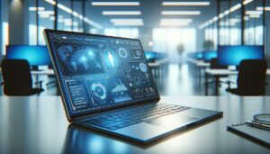 Laptop moderno en una oficina con interfaz de software de reclutamiento, mostrando gráficos y perfiles de candidatos en un entorno futurista. Iluminación suave con énfasis en colores azules y plateados.