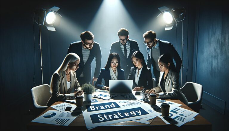 Grupo diverso de empleados profesionales en una oficina moderna, colaborando sobre documentos de estrategia de marca y laptops, bajo un foco de luz dramático, en una composición asimétrica.