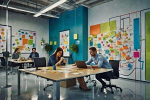 Equipo diverso colaborando en una pizarra de mapeo mental en un espacio de trabajo moderno y colorido, con conexiones visuales y bocetos. La luz suave mejora la atmósfera de creatividad y cooperación.