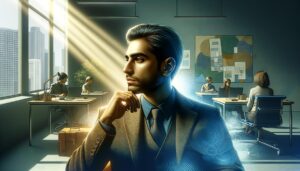 Líder con expresión pensativa en un entorno de oficina sereno, iluminado dramáticamente, simbolizando la inteligencia emocional en el liderazgo.