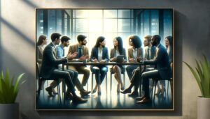 Grupo diverso de jóvenes profesionales en una oficina, participando en una discusión abierta y colaborativa, con iluminación suave y colores calmantes.