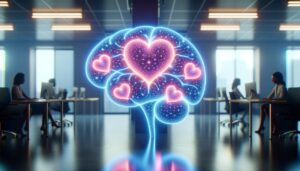 Símbolo de un cerebro iluminado en azul entrelazado con corazones en un ambiente de oficina moderno, simbolizando la inteligencia emocional en el trabajo.