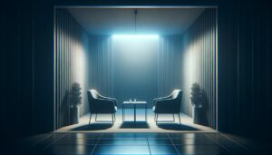 Dos sillas vacías enfrentadas en un ambiente de entrevista profesional, iluminado con luces suaves y tonos azules y grises, simbolizando la anticipación de una conversación importante.