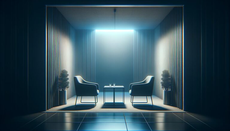 Dos sillas vacías enfrentadas en un ambiente de entrevista profesional, iluminado con luces suaves y tonos azules y grises, simbolizando la anticipación de una conversación importante.