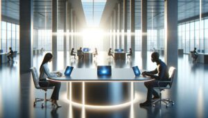 Oficina moderna con laptops y tablets en un ambiente limpio y tecnológico, diseñado para la interacción de la Generación Z.