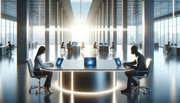 Oficina moderna con laptops y tablets en un ambiente limpio y tecnológico, diseñado para la interacción de la Generación Z.