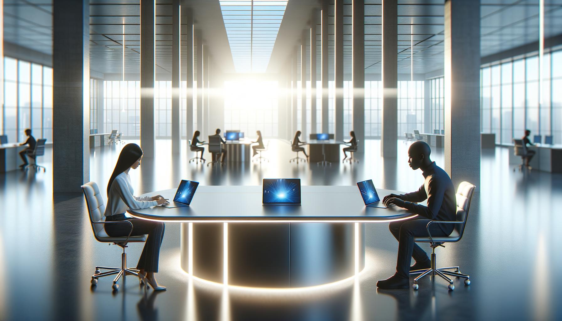Oficina moderna con laptops y tablets en un ambiente limpio y tecnológico, diseñado para la interacción de la Generación Z.
