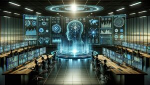 Interfaz digital mostrando análisis de desempeño laboral mediante inteligencia artificial en un entorno de oficina moderna. Visualizaciones de datos avanzadas en un fondo azul y verde con iluminación ambiental.