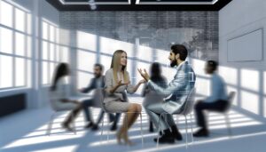 Grupo diverso de profesionales en una entrevista dinámica en una oficina moderna, mostrando gestos expresivos y herramientas digitales de evaluación en el fondo.