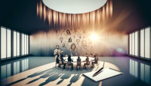 Sesión de retroalimentación en una oficina moderna, con una mesa redonda, un cuaderno con garabatos y un bolígrafo en el centro, rodeado de figuras genéricas de personas colaborando en una discusión.