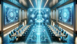 Sala de reuniones virtual futurista con avatares holográficos, iluminada con tonos azules y púrpuras, mostrando interacción y tecnología avanzada.