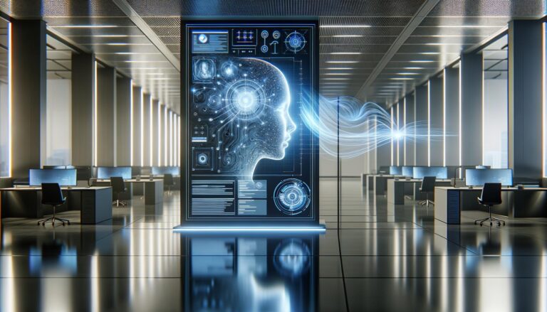 Oficina moderna con una pantalla que muestra un análisis en tiempo real de las expresiones faciales de un candidato, rodeada de patrones digitales abstractos en tonos azules y plateados.