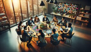 Ambiente de trabajo inclusivo con un grupo diverso de personas colaborando alrededor de una mesa redonda. Un individuo utiliza tecnología asistiva mientras participan en una sesión de lluvia de ideas. La imagen resalta un espacio de trabajo acogedor con iluminación suave y una paleta de colores cálidos.