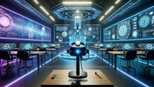 Entorno futurista de realidad virtual para capacitación de empleados, con auriculares de realidad virtual y pantallas holográficas en primer plano, iluminado por luz de fondo atmosférica en colores azul eléctrico y púrpura neón.