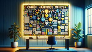 Escritorio del Chief Happiness Officer con un tablero de visión colorido que presenta metas de bienestar, en un entorno de oficina moderno con iluminación suave, colores brillantes y azules calmantes.