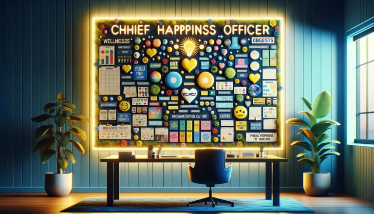 Escritorio del Chief Happiness Officer con un tablero de visión colorido que presenta metas de bienestar, en un entorno de oficina moderno con iluminación suave, colores brillantes y azules calmantes.