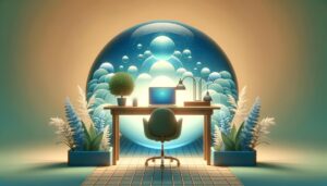 Imagen que representa el concepto de bienestar digital con un escritorio limpio, una planta y un laptop cerrado, rodeado de luces suaves en tonos azules y verdes.