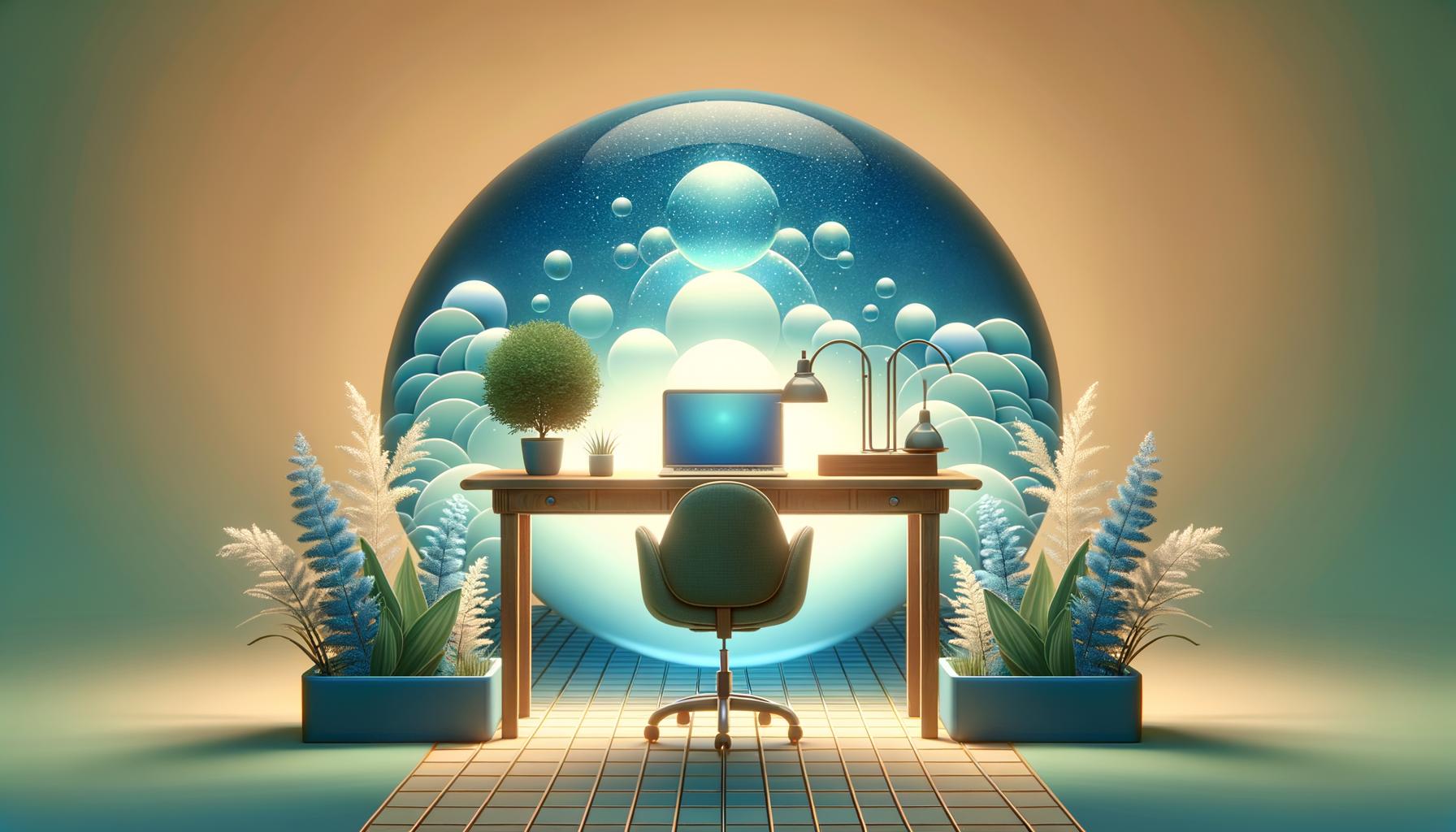 Imagen que representa el concepto de bienestar digital con un escritorio limpio, una planta y un laptop cerrado, rodeado de luces suaves en tonos azules y verdes.