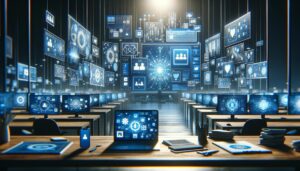 Espacio de trabajo digital moderno con pantallas que muestran plataformas de reclutamiento como LinkedIn, Twitter e Instagram, iluminado con luces atmosféricas en tonos azul y blanco.