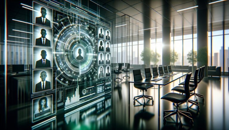Interfaz futurista de reclutamiento con perfiles de candidatos diversos en un entorno de oficina moderna.