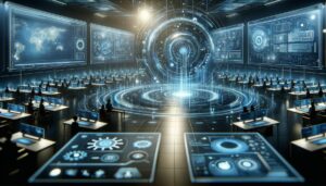 Aula digital futurista con plataformas de aprendizaje en línea y simulaciones interactivas, iluminada en tonos azules y plateados, resaltando interfaces y elementos virtuales en primer plano.