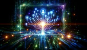 Red digital interconectada que simboliza la marca del empleador, mostrando nodos brillantes y líneas en azul eléctrico y verde brillante, con una luz suave y espacio negativo.