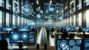 Interfaz digital de análisis de inteligencia artificial para recursos humanos en una oficina moderna, con elementos holográficos y gráficos de datos. El diseño es futurista, con una paleta de colores azul y blanco, destacando la innovadora tecnología utilizada para la toma de decisiones.