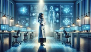 Investigador en bata de laboratorio en una oficina moderna, rodeado de pantallas digitales, iluminado por un foco dramático.