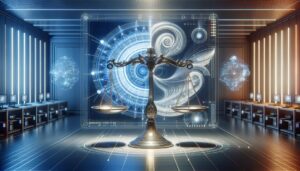 Diseño de algoritmo intrincado en interfaz digital con escalas que simbolizan la ética en una sala tecnológica moderna, con iluminación suave y colores azul y plata.