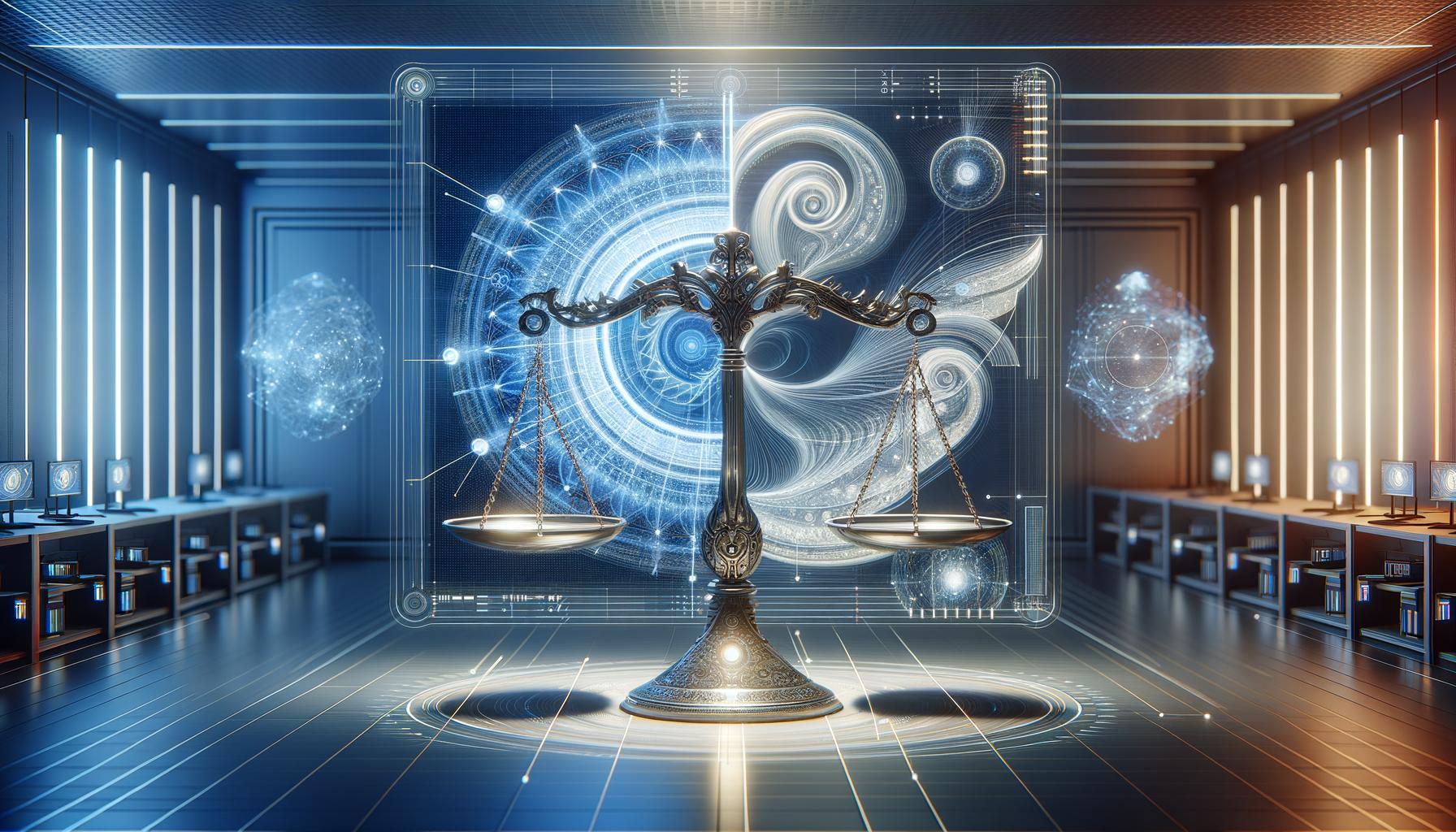 Diseño de algoritmo intrincado en interfaz digital con escalas que simbolizan la ética en una sala tecnológica moderna, con iluminación suave y colores azul y plata.