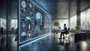 Interfaz de inteligencia artificial en un entorno de oficina moderna, mostrando un análisis emocional con símbolos de felicidad, estrés y resiliencia, bajo una iluminación suave y tonos azules y plateados.