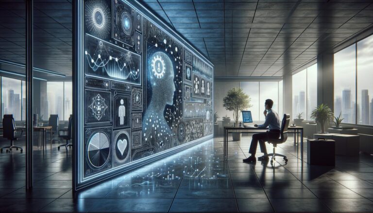 Interfaz de inteligencia artificial en un entorno de oficina moderna, mostrando un análisis emocional con símbolos de felicidad, estrés y resiliencia, bajo una iluminación suave y tonos azules y plateados.