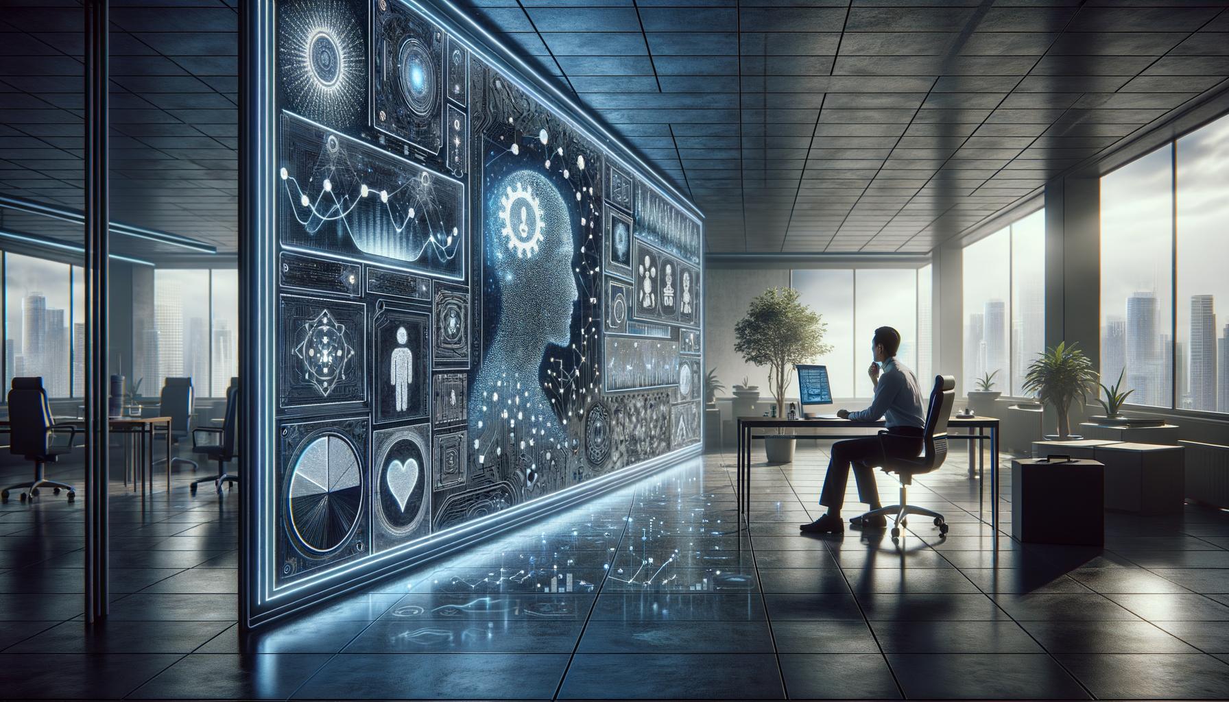 Interfaz de inteligencia artificial en un entorno de oficina moderna, mostrando un análisis emocional con símbolos de felicidad, estrés y resiliencia, bajo una iluminación suave y tonos azules y plateados.
