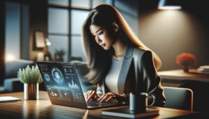Joven profesional trabajando en una laptop en una moderna oficina en casa, con una planta y una taza al lado, en un ambiente iluminado suavemente.