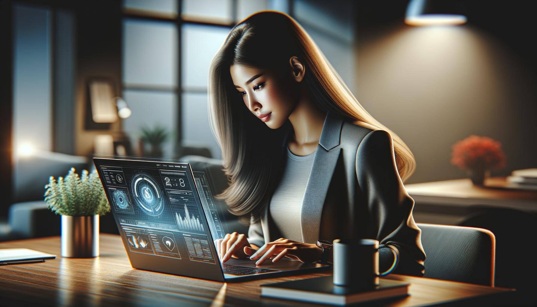 Joven profesional trabajando en una laptop en una moderna oficina en casa, con una planta y una taza al lado, en un ambiente iluminado suavemente.