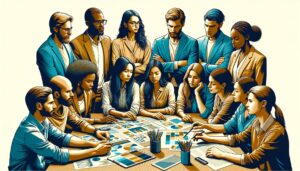 Grupo diverso de profesionales trabajando juntos en una mesa, con un enfoque en manos y herramientas de trabajo, en un ambiente que destaca la colaboración y la innovación, en tonos cálidos y azules vibrantes.