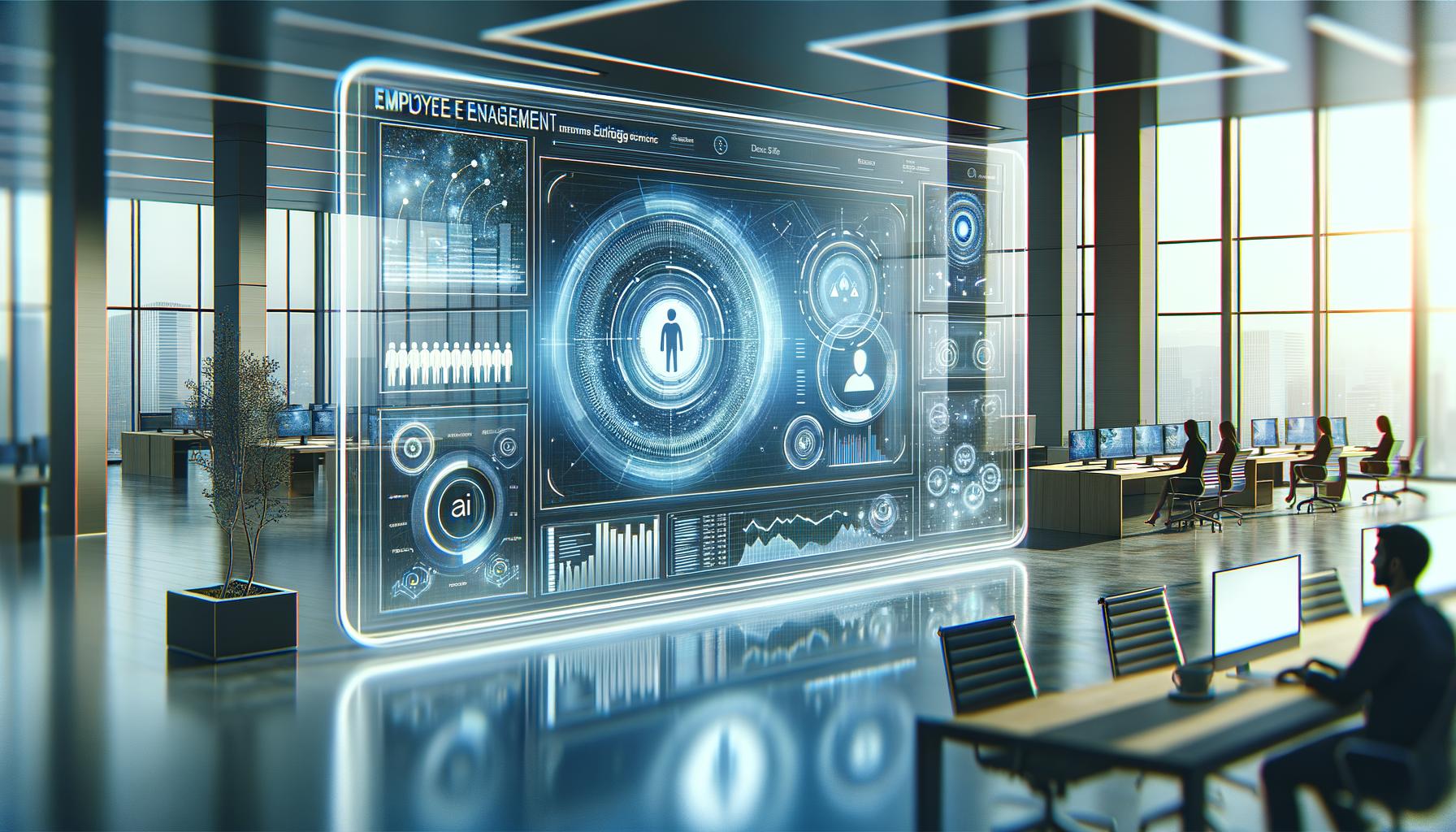 Oficina moderna con herramientas analíticas de inteligencia artificial mostrando análisis de compromiso de empleados en una pantalla grande, con un ambiente iluminado en tonos azules y blancos.
