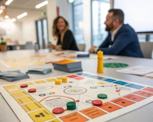 Juego de mesa corporativo en un escritorio moderno, con cartas de desafío, fichas y rastreador de progreso. El tablero destaca por su superficie texturizada y colores brillantes, mientras un entorno de oficina suavemente iluminado se observa en el fondo difuso.