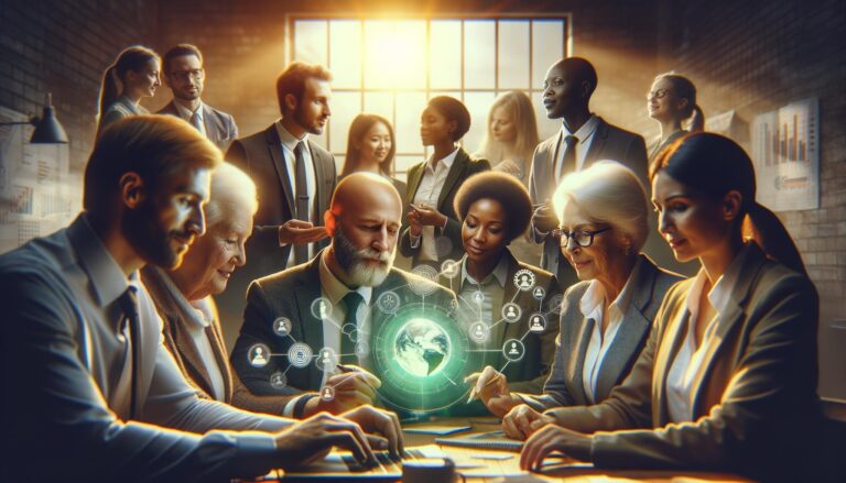 Oficina moderna con empleados de diferentes generaciones, colaborando y comunicándose con expresiones de satisfacción y unidad, en un ambiente cálido y acogedor.