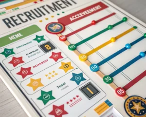 Interfaz de un juego de reclutamiento digital, con barras de progreso coloridas, insignias brillantes y un marcador, presentada en un diseño simétrico y con sombras marcadas, que refleja un entorno limpio y atractivo para la participación de los usuarios.