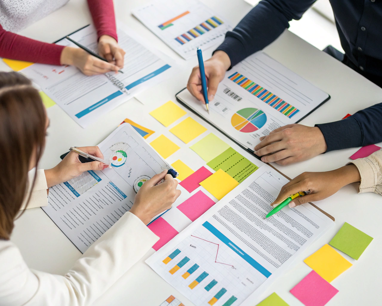 Grupo de candidatos a empleo en una mesa de trabajo colaborando en un ejercicio de resolución de problemas, con gráficos coloridos y documentos, promoviendo un ambiente de trabajo en equipo.