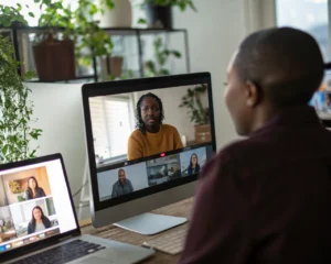Grupo diverso de personas en una reunión virtual desde sus oficinas en casa, mostrando pantallas con participantes en videollamada y un enfoque en la interacción y participación activa, con un fondo limpio y desenfocado.