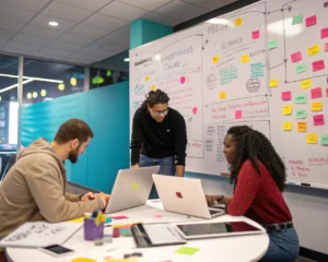 Equipo diverso trabajando juntos en una oficina moderna, con laptops, pizarras llenas de diagramas coloridos y notas adhesivas, en un ambiente de innovación futurista y colaborativa.