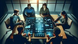 Equipo diverso de evaluadores en un proceso de reclutamiento colaborativo, utilizando pantallas digitales con datos analíticos, gráficos y tablas sobre candidatos. Iluminación natural con predominancia de tonos azules y verdes, en una composición simétrica y limpia que enfatiza la colaboración y el análisis.