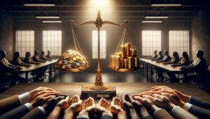 Balanza con monedas de oro y manos diversas de distintos tonos de piel, frente a un fondo de oficina abierto, simbolizando la equidad y la diversidad.