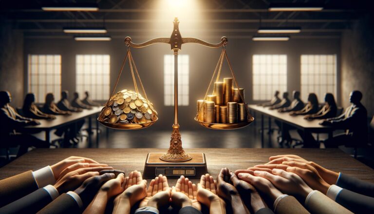 Balanza con monedas de oro y manos diversas de distintos tonos de piel, frente a un fondo de oficina abierto, simbolizando la equidad y la diversidad.